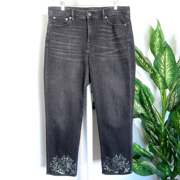 Ralph Lauren Black High Rise Jeans With Glitter Hem Size 14 - Picture 6 of 6